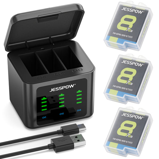 Battery for GoPro Hero 8/7/6/5 and 3-Channel LED USB Charger -3Pack