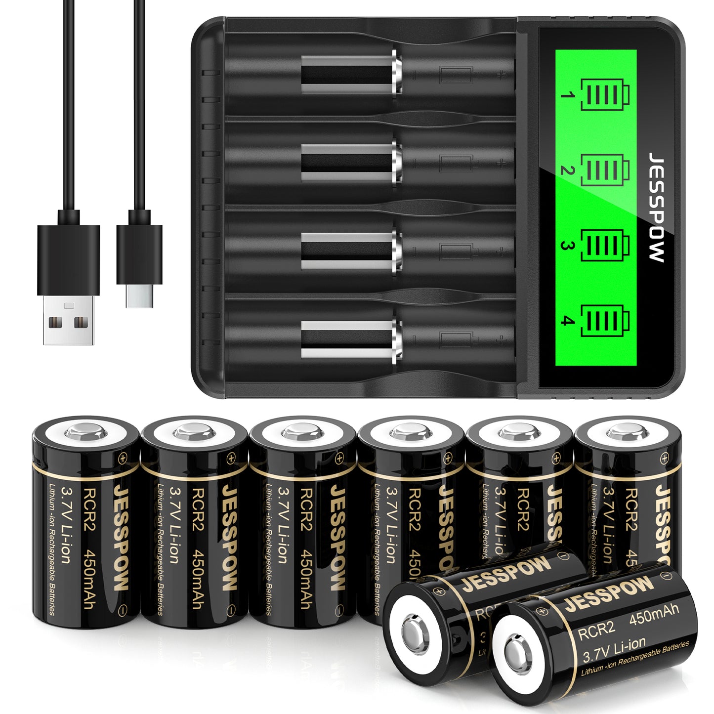 CR2 8 Pack 3.7V Rechargeable Battery with Charger