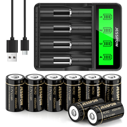 CR2 8 Pack 3.7V Rechargeable Battery with Charger