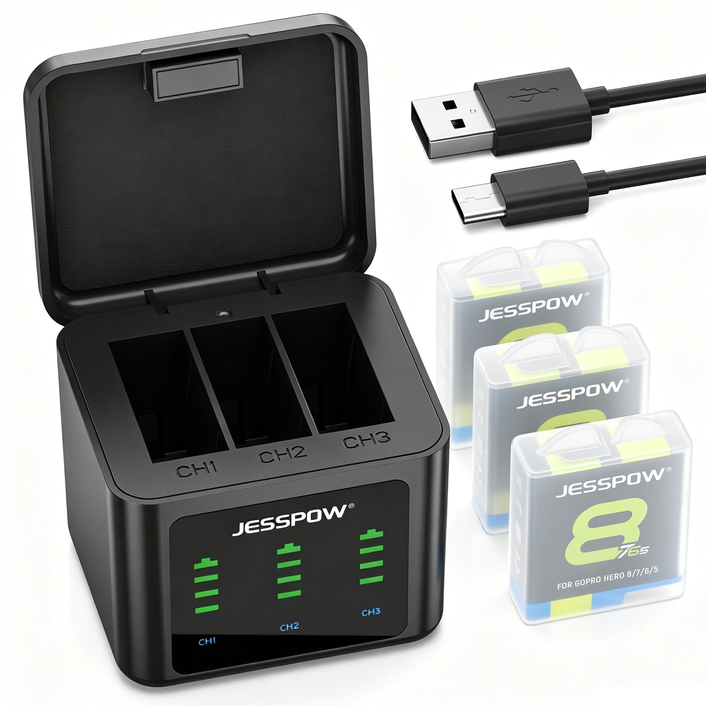 Battery for GoPro Hero 8/7/6/5 and 3-Channel LED USB Charger -3Pack