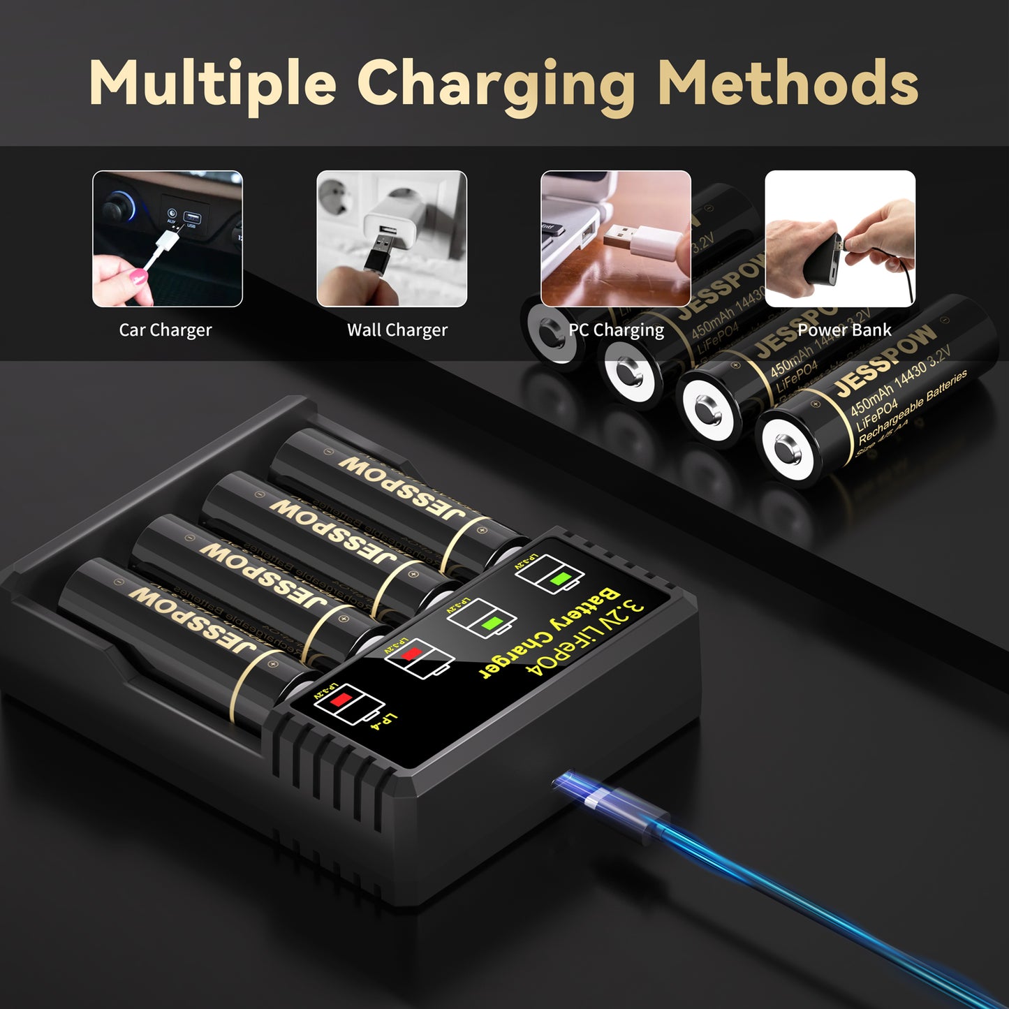 14430 3.2V 8 Pack Rechargeable Solar Battery with Charger
