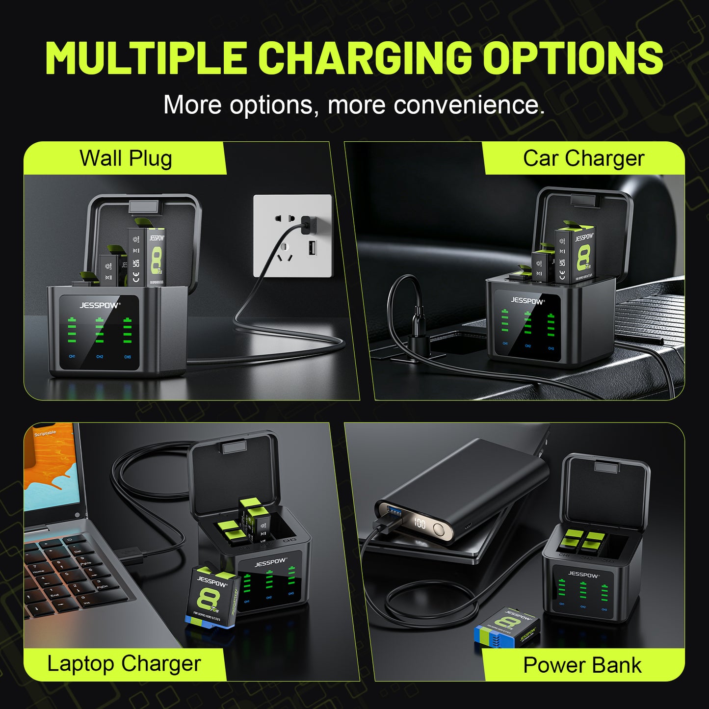 Battery for GoPro Hero 8/7/6/5 and 3-Channel LED USB Charger -3Pack