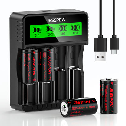 CR123A 4 Pack 3.7V Rechargeable Battery with Charger