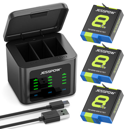 Battery for GoPro Hero 8/7/6/5 and 3-Channel LED USB Charger -3Pack