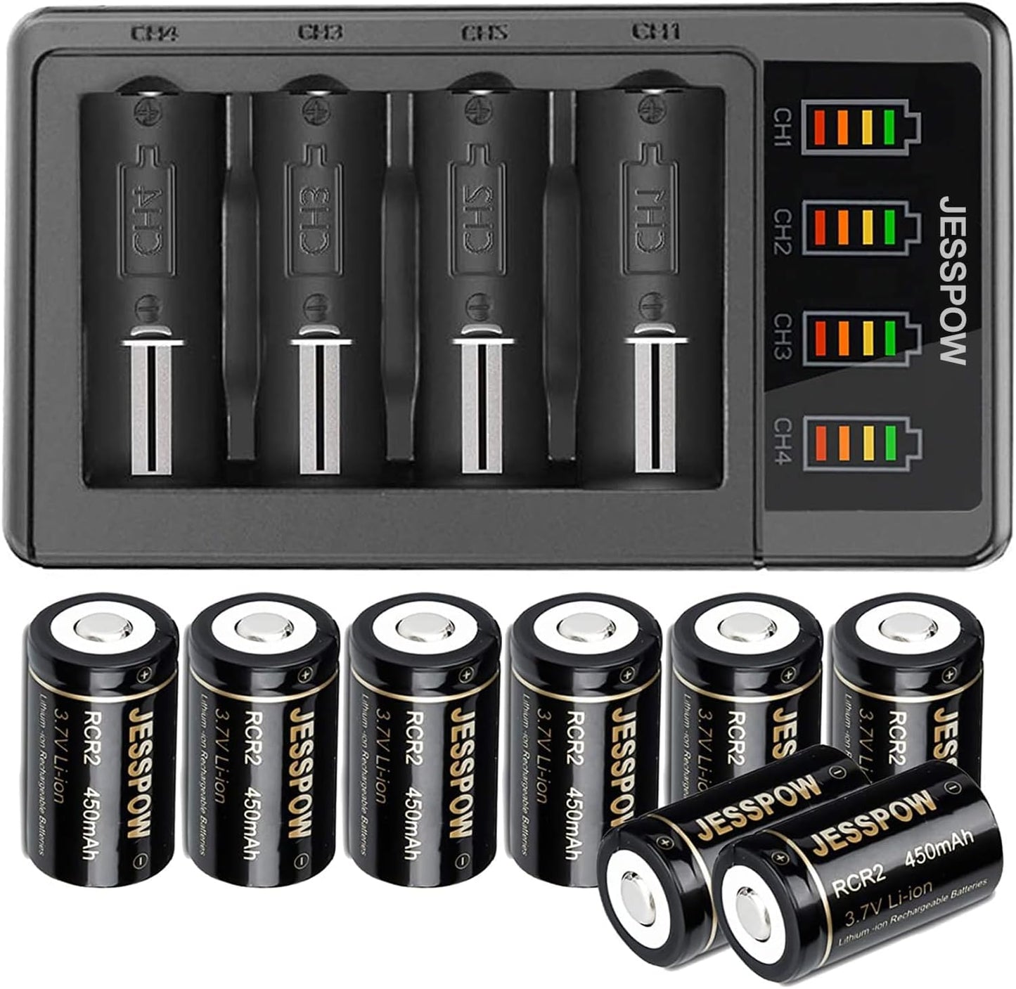 CR2 8 Pack 3.7V Rechargeable Battery with Charger