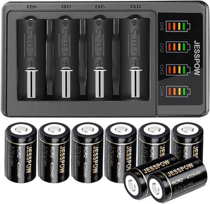 CR2 8 Pack 3.7V Rechargeable Battery with Charger